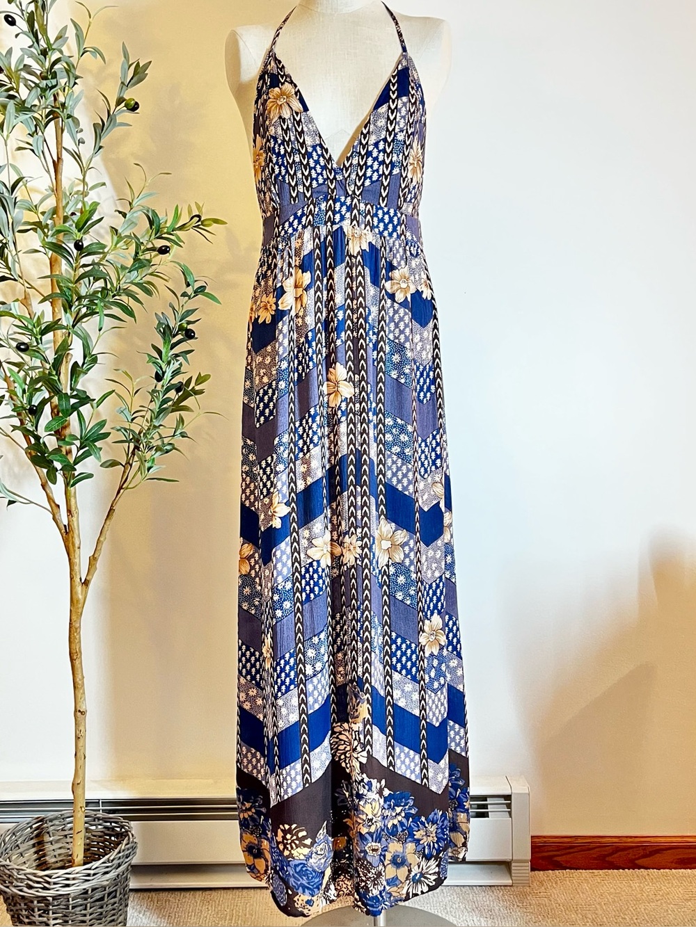 O’Neill Bohemian Navy and brown Floral Halter Low back Maxi Dress